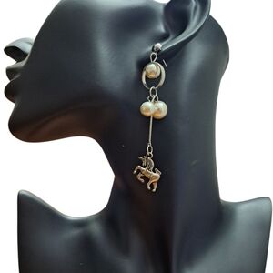 Elegant Faux Pearl And Unicorn Drop Dangle Pierced Earrings 3" Mythical Fantasy
